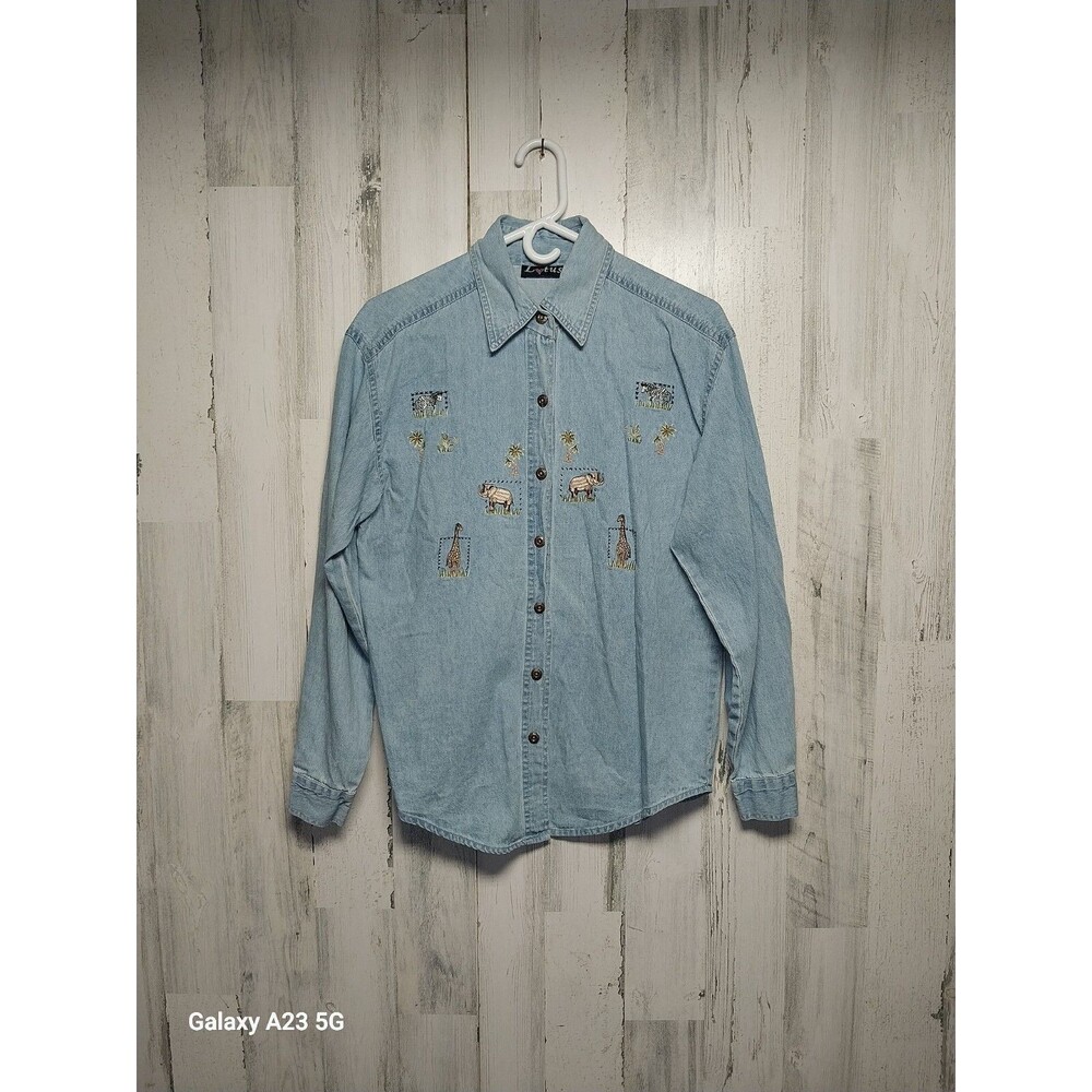 Lotus Embroidered Chambray Shirt Women's Small African Animals